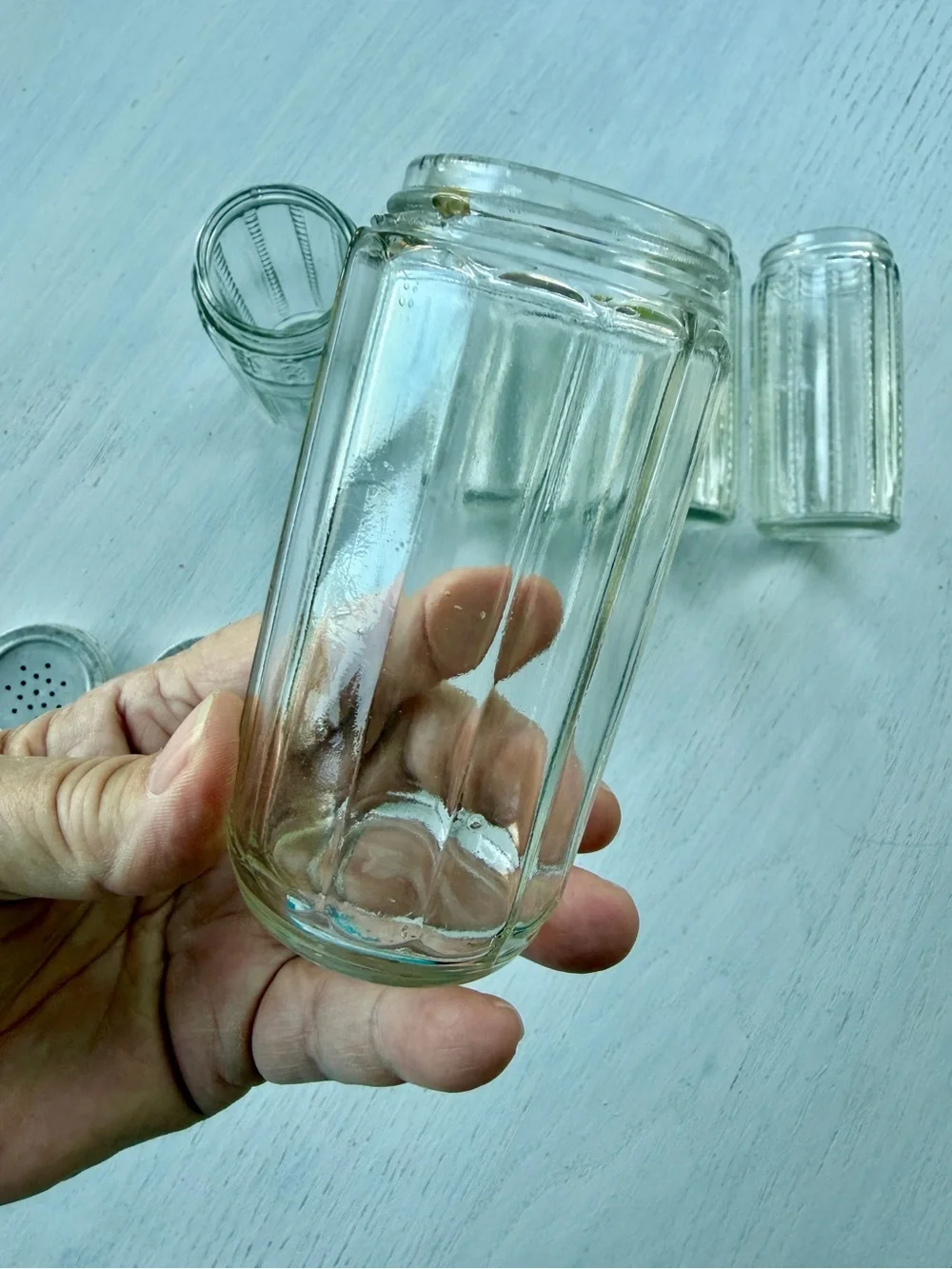 VINTAGE, SET/5, HOOSIER CABINET CLEAR GLASS SPICE JARS